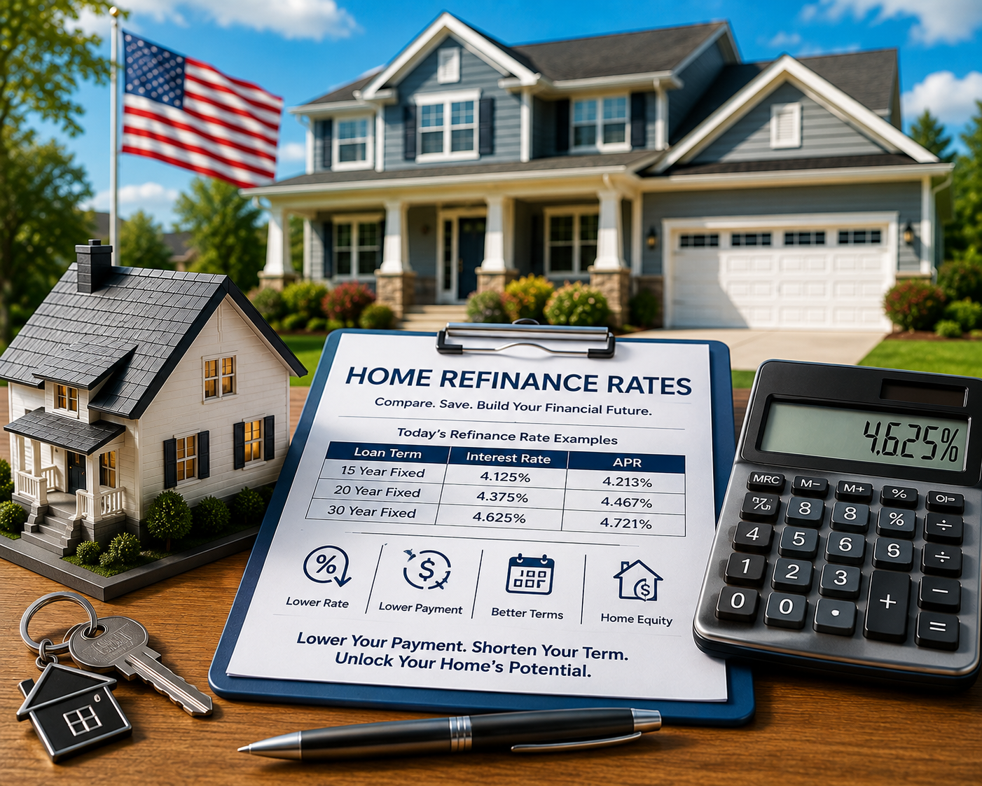 Rocket Mortgage Home Refinance Rates with a U.S. home, refinance rate comparison paperwork, calculator, house keys, and loan-planning symbols