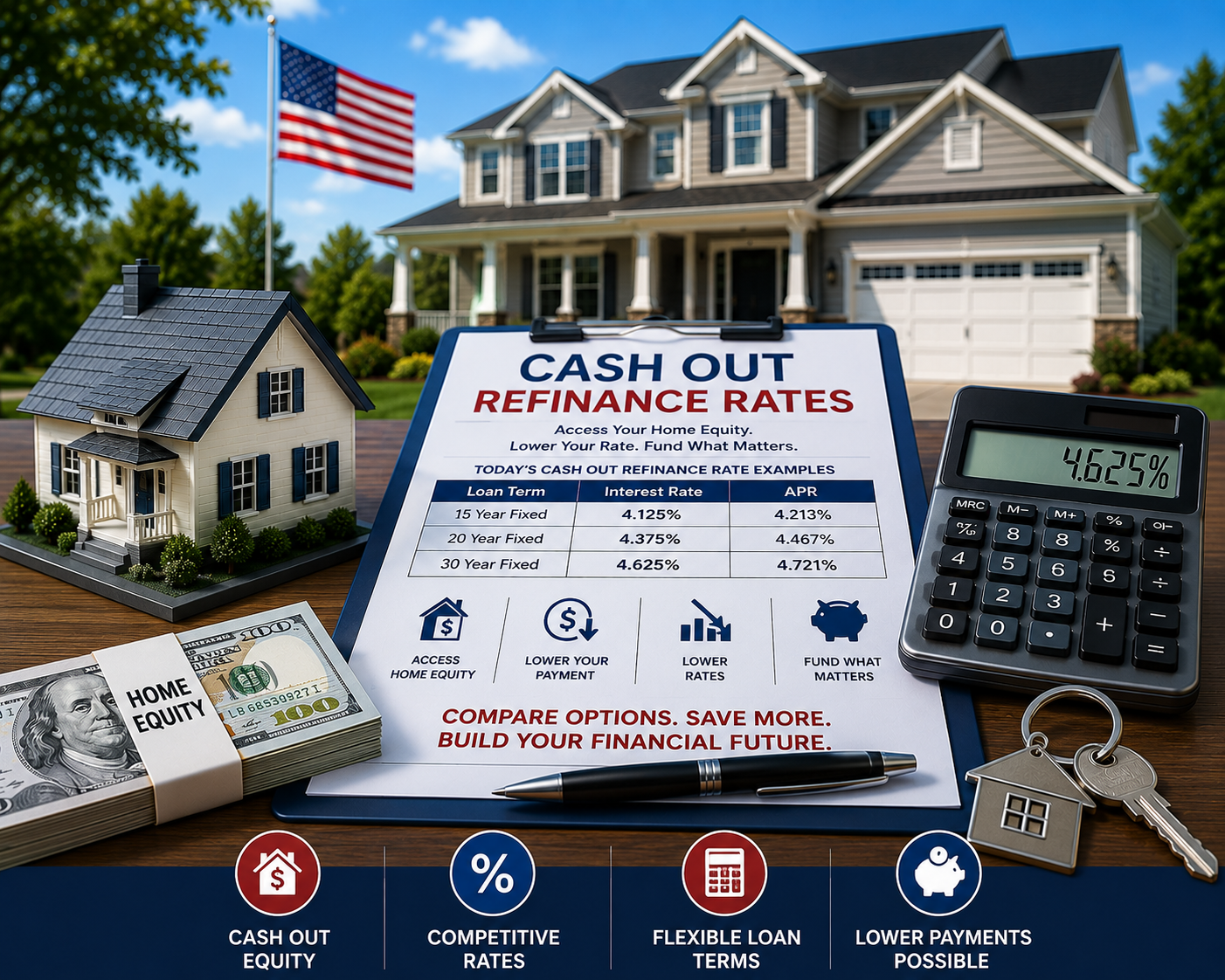 Rocket Mortgage Cash Out Refinance Rates with a U.S. home, refinance rate paperwork, calculator, house keys, and home equity symbols