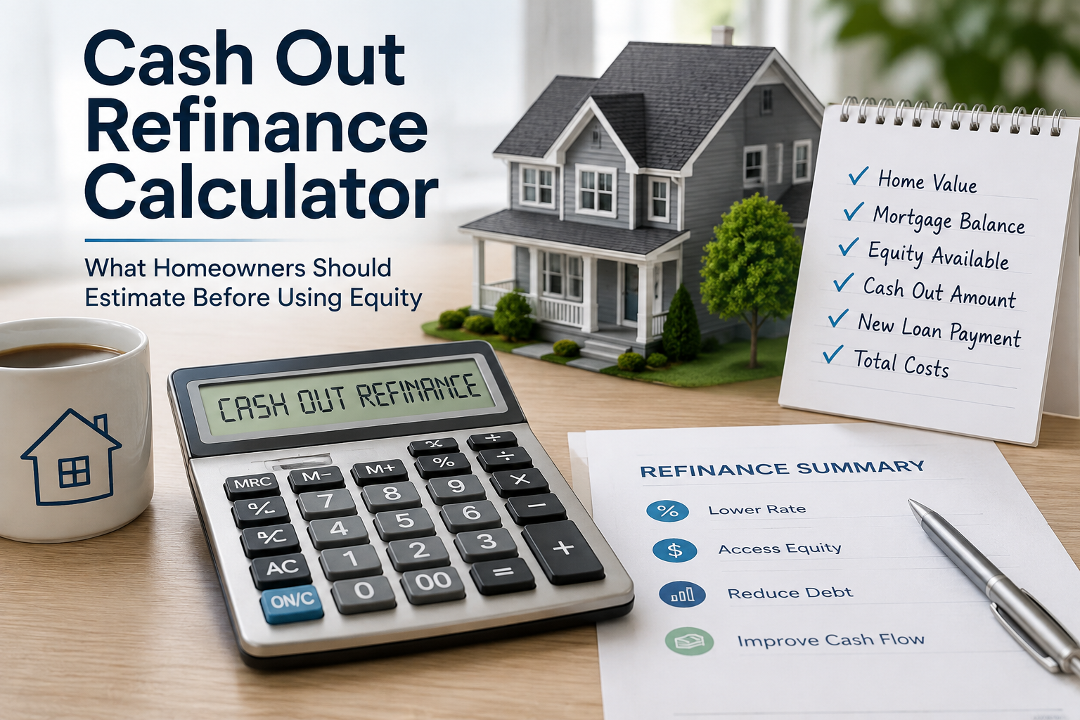Cash-Out Refinance Calculator for estimating home equity, loan balance, cash-out amount, and refinance costs