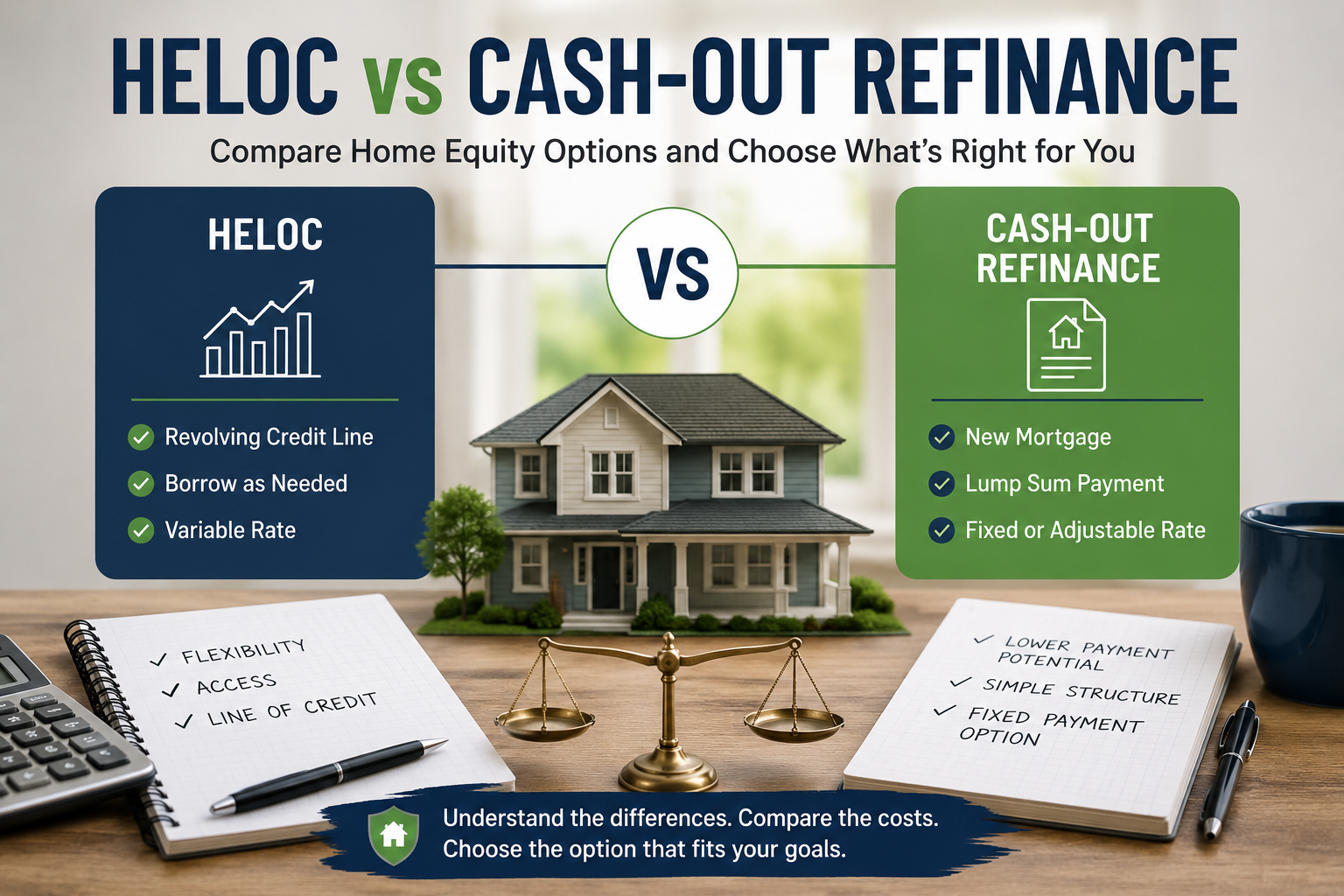HELOC vs Cash-Out Refinance comparison showing home equity borrowing options