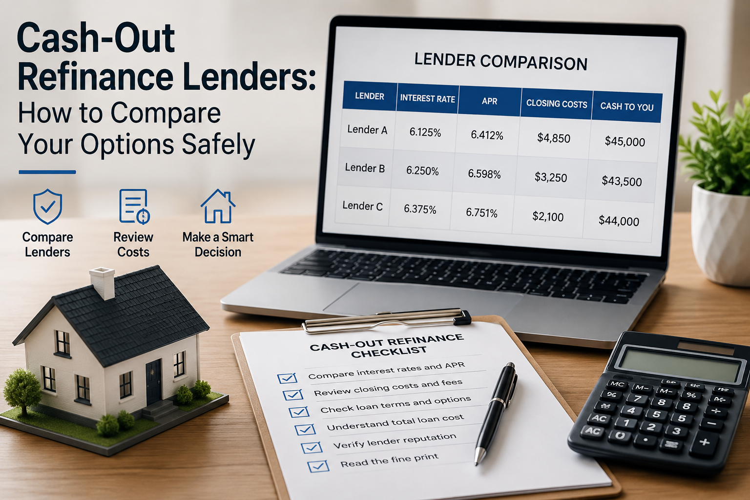 Cash-Out Refinance Lenders comparison showing mortgage rates, APR, fees, and loan options