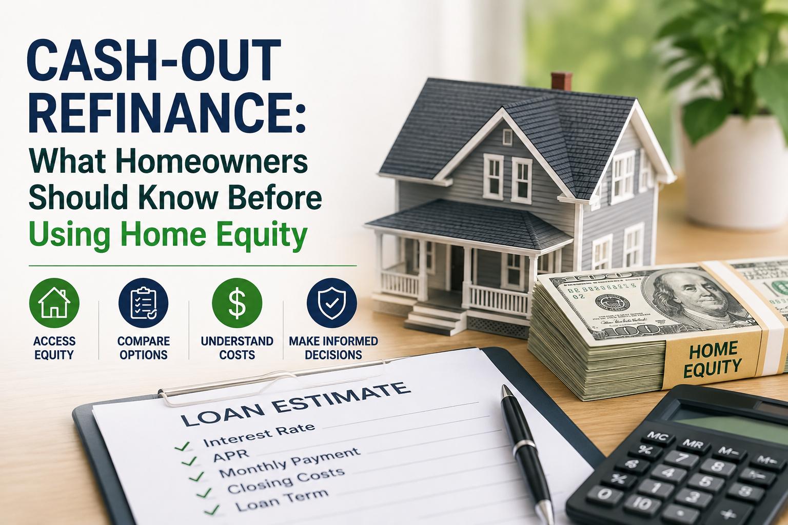 Cash-Out Refinance guide showing home equity, loan estimate, costs, and refinance planning