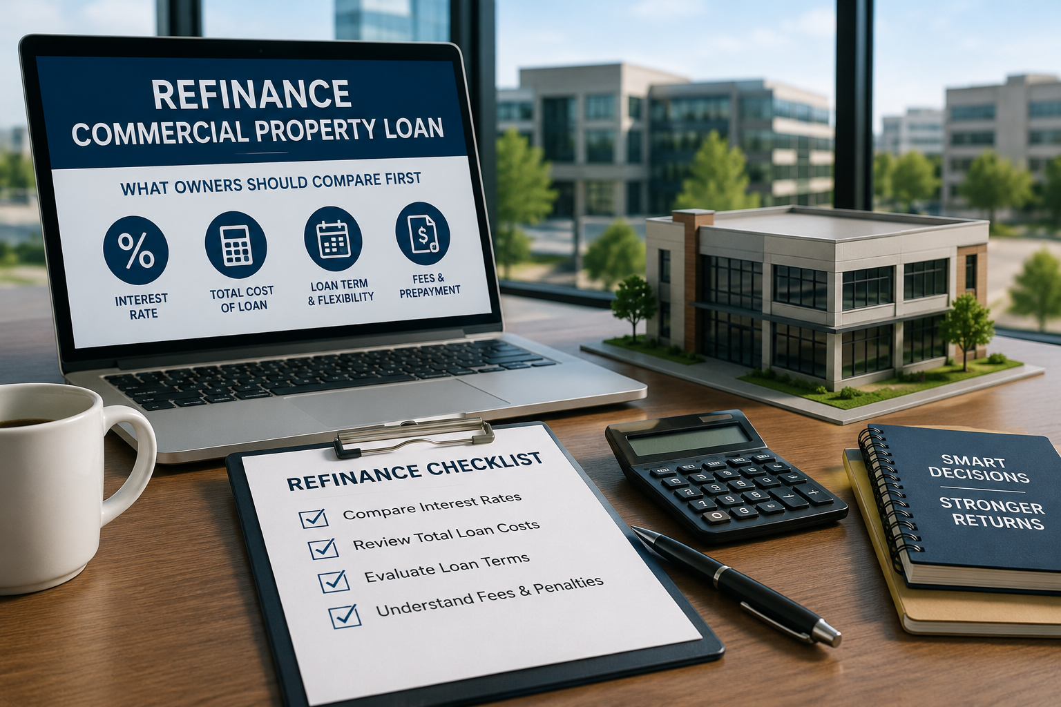 Refinance commercial property loan comparison showing interest rates, loan costs, terms, fees, and prepayment considerations