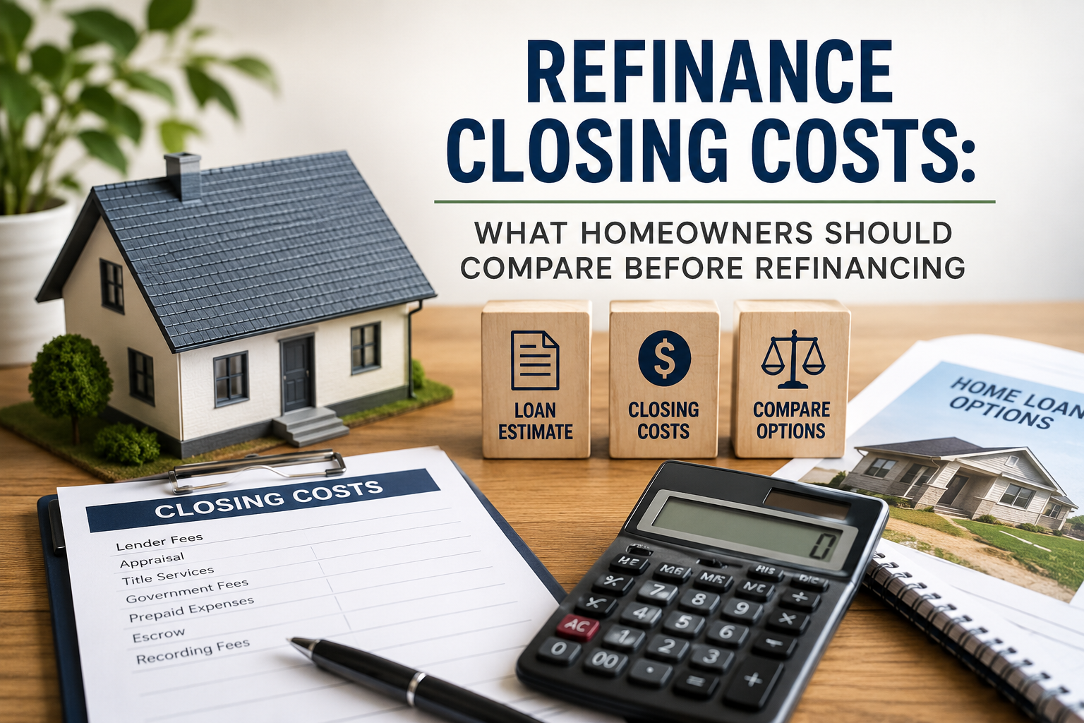 Refinance closing costs comparison showing loan estimate, lender fees, appraisal, escrow, and refinance options