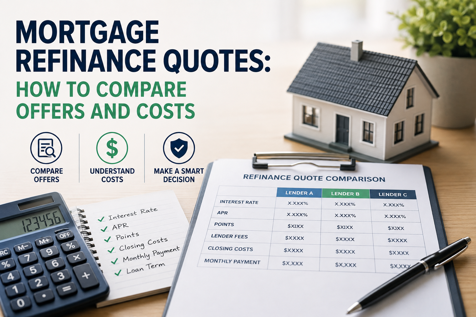 Mortgage Refinance Quotes comparison of lender offers, rates, APR, points, closing costs, and monthly payments