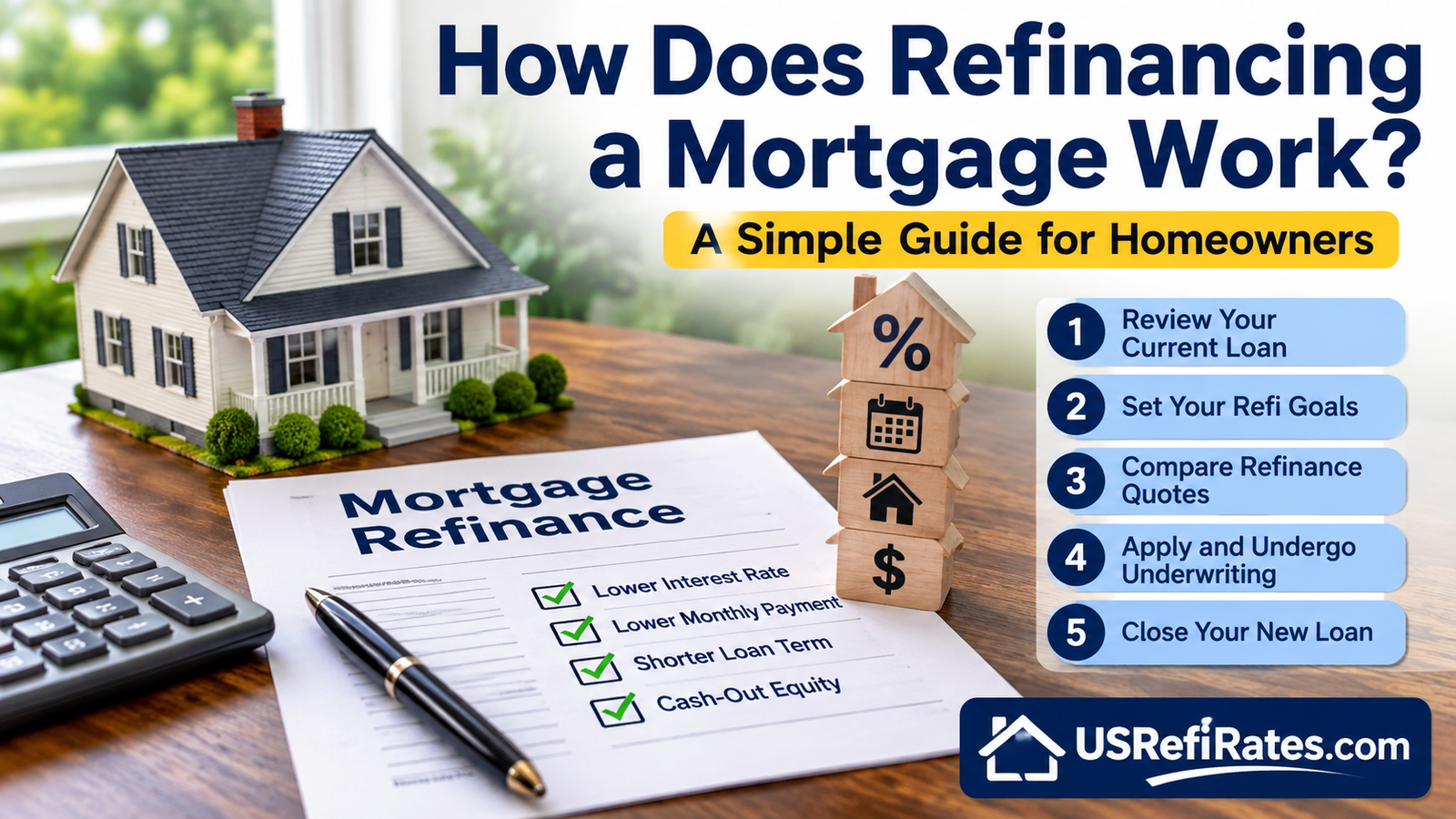 How Does Refinancing a Mortgage Work – mortgage refinancing process showing loan review, comparison, application, underwriting, and closing