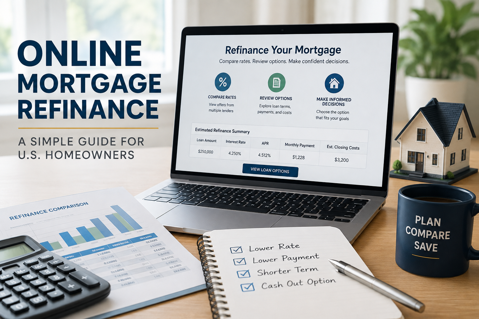 Online Mortgage Refinance – digital mortgage refinancing showing loan comparison, rates, costs, terms, and secure online application