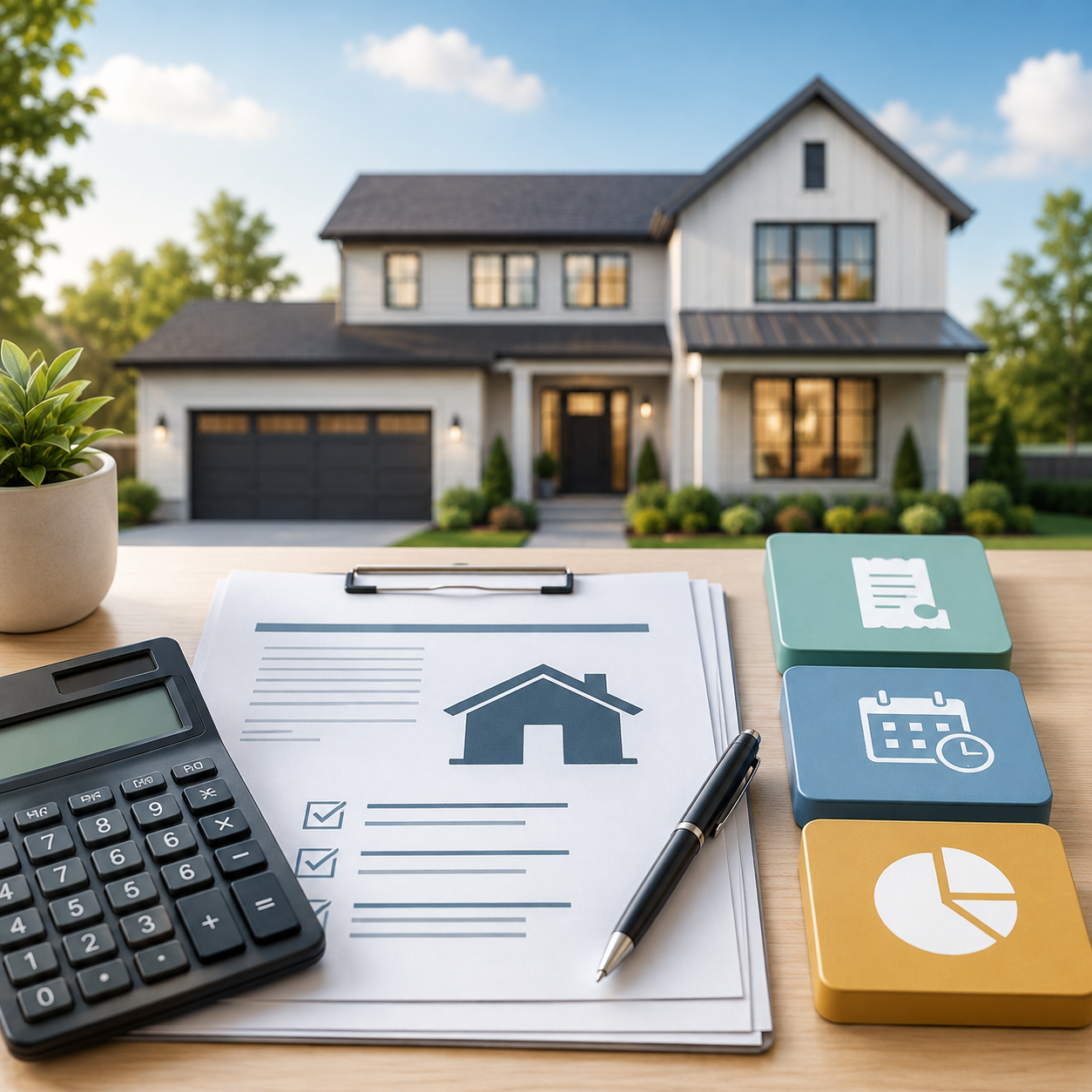 Generic refinance cost comparison with a U.S. home, calculator, paperwork, and cost icons