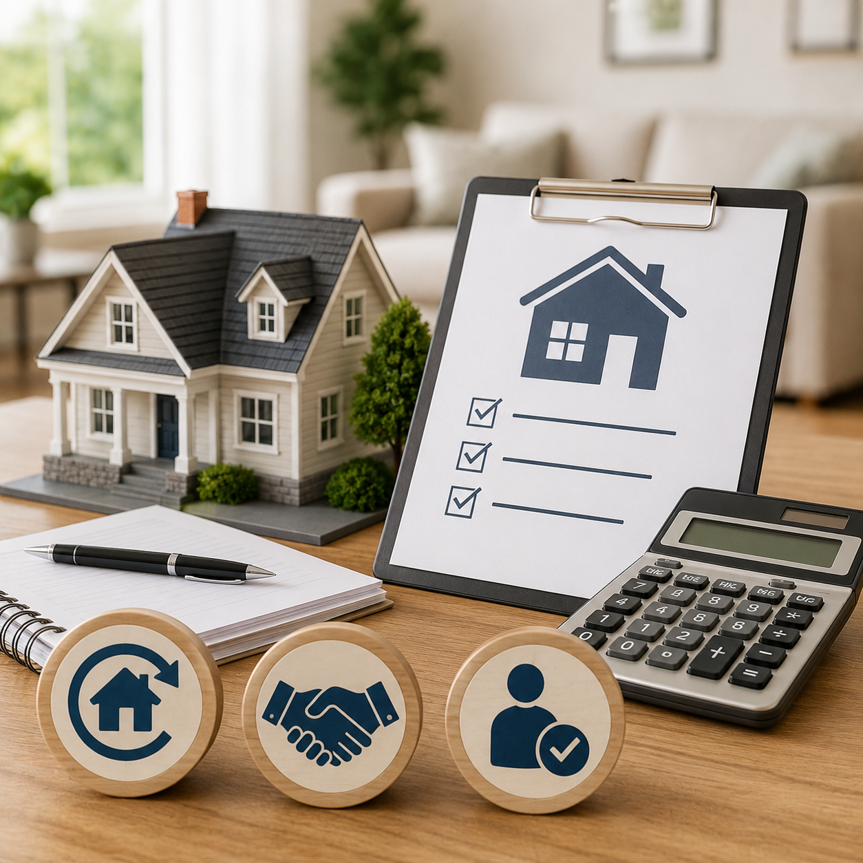 Rocket Mortgage Refi with a U.S. home, refinance checklist, calculator, and mortgage planning symbols