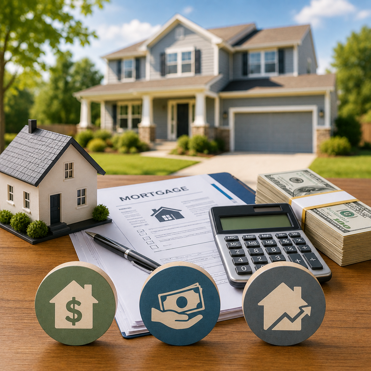 Rocket Mortgage Cash Out Refinance with a U.S. home, mortgage paperwork, calculator, and home equity planning symbols