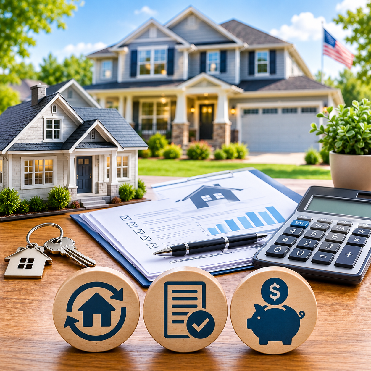 Rocket Mortgage Refinancing with a U.S. home, refinance documents, calculator, house keys, and financial planning symbols