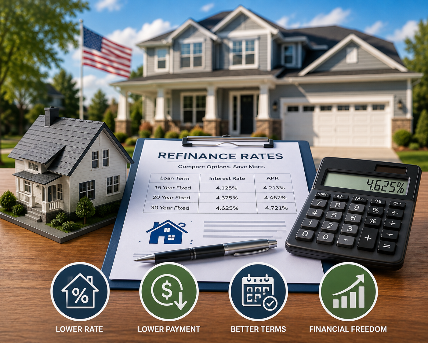Rocket Mortgage Refinance Rates with a U.S. home, refinance comparison paperwork, calculator, and loan-planning symbols