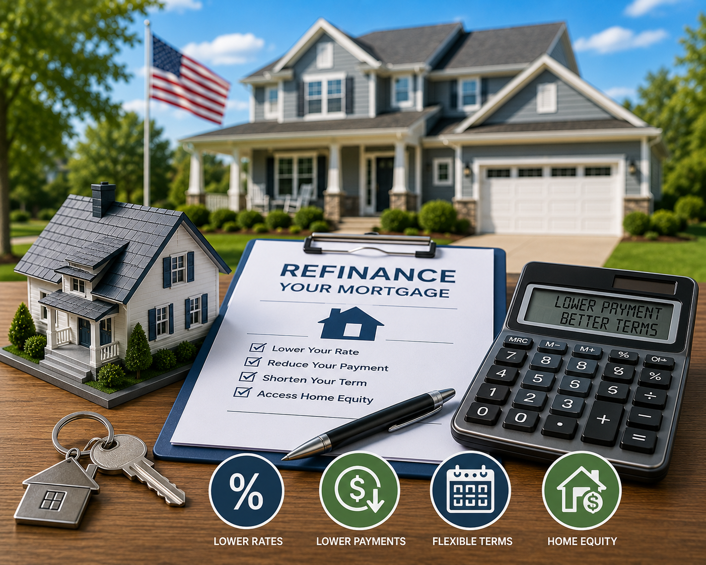 Rocket Mortgage Refinance with a U.S. home, refinance checklist, calculator, house keys, and mortgage planning symbols