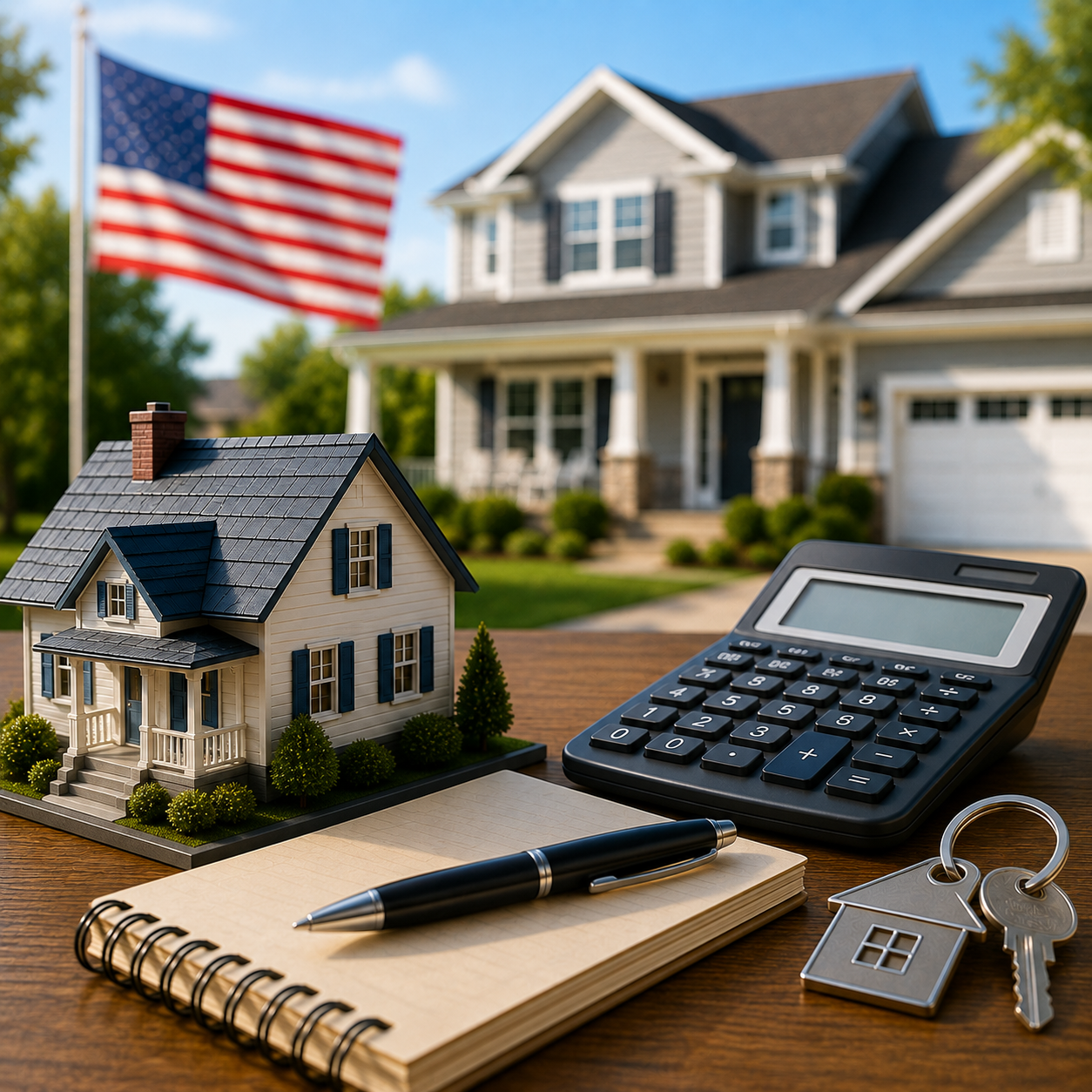 Rocket Mortgage Cash-Out Refinance Rates with a U.S. home, refinance rate paperwork, calculator, house keys, and home equity symbols